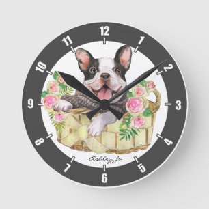 Horloge Ronde Panier floral de Bulldog français personnalisé