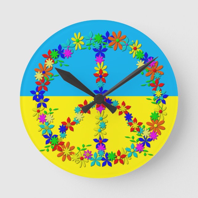 Horloge Ronde Panneau de paix avec fleurs, drapeau ukrainien bou (Recto)