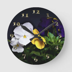 Horloge Ronde Pansies jaune et violet blanc