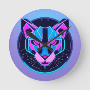 Horloge Ronde Panthère néon futuriste au visage en art géométriq