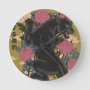 Horloge Ronde Panthère parmi les fleurs 