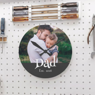 Horloge Ronde Papa Établi Fun Texte Gras Simple + Photo Noir