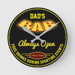 Horloge Ronde Papa's Bar Neon Jaune Effet Toute boisson gratuite
