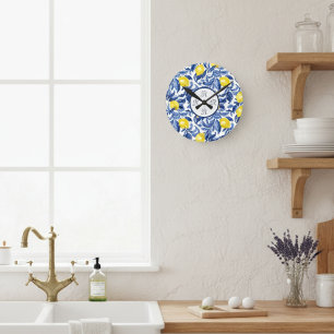 Horloge Ronde Papier aquarelle bleu motif monogramme de citron 
