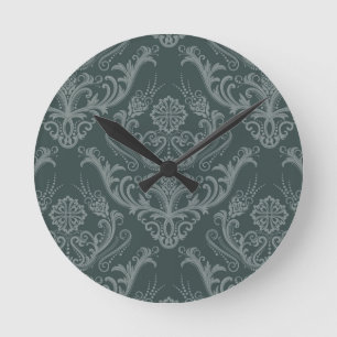 Horloge Ronde Papier peint floral vert de luxe de damassé
