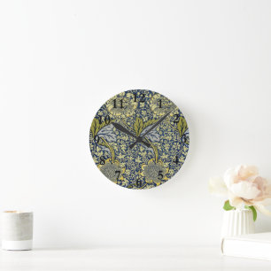 Horloge Ronde Papier Peint Floral William Morris Kennet Bleu Or