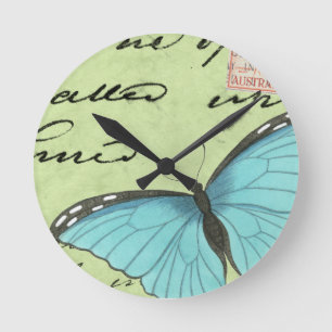 Horloge Ronde Papillon Bleu-À ailes sur la carte postale