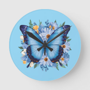 Horloge Ronde Papillon bleu gracieux sur floral