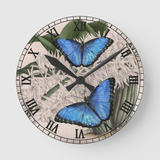 Horloge Ronde Papillon bleu Morpho Floral Nature Art (Recto)