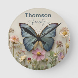 Horloge Ronde Papillon Bleu Vintage Floral Famille Jardin