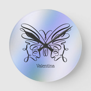Horloge Ronde Papillon bleu violet Holographique Nom du monogram