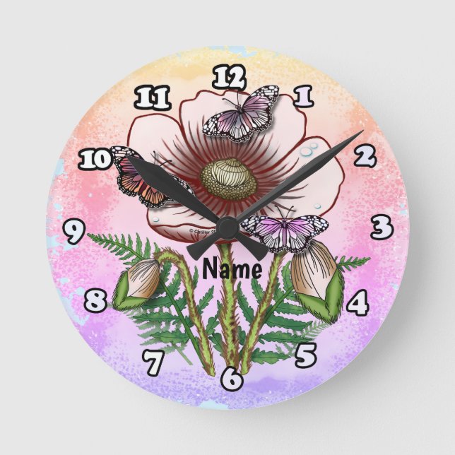 Horloge Ronde Papillon Coquelicot Pâle  (Recto)