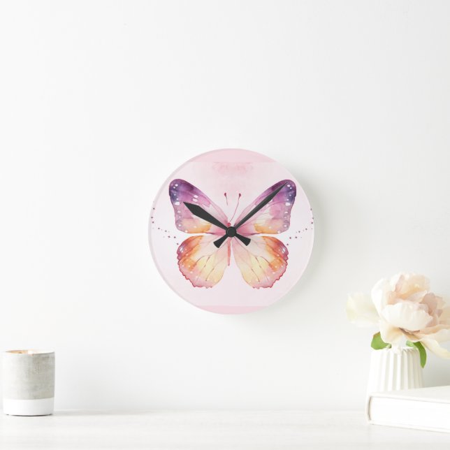 Horloge Ronde Papillon d'art à l'aquarelle (Maison)