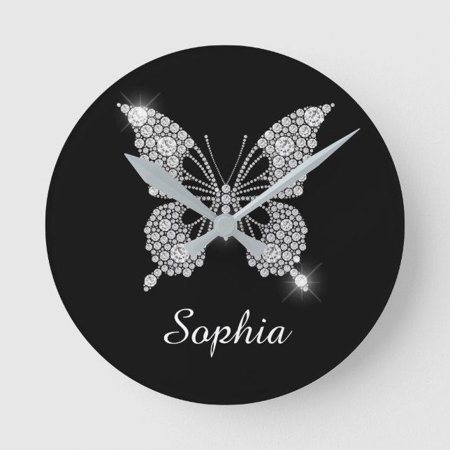 Horloge Ronde Papillon diamant blanc, nom de script DIY, noir (Recto)