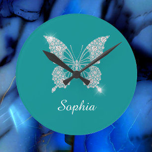 Horloge Ronde Papillon Diamant Blanc, Nom de Script, Turquoise P