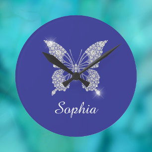 Horloge Ronde Papillon Diamant Blanc, Nom en écriture, Bleu Prof