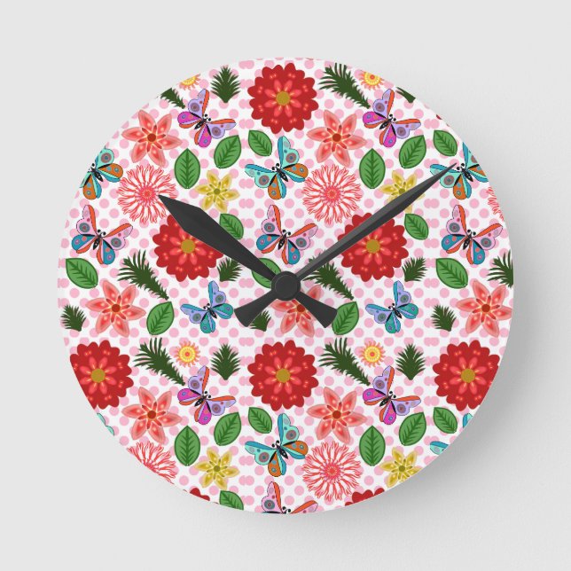 Horloge Ronde Papillon floral de jardin printanier moderne  (Recto)