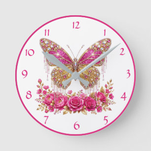 Horloge Ronde Papillon Glamour Rose Rose Pâle et Floral Doré