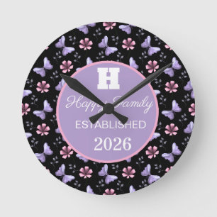Horloge Ronde Papillon Lavande & Motif Floral Rose Sans Couture