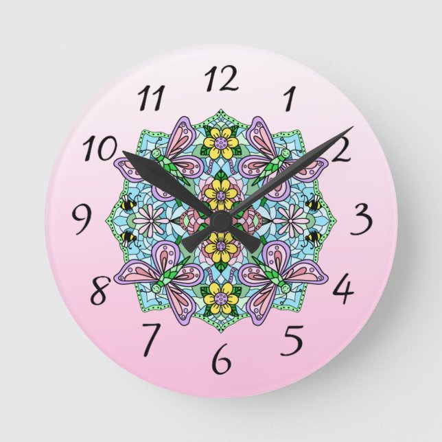 Horloge Ronde Papillon rose Mandala main Whimsical tiré   (Recto)