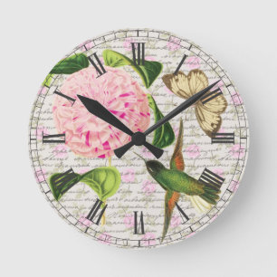 Horloge Ronde Papillon vintage et Caryophyllus de colibri