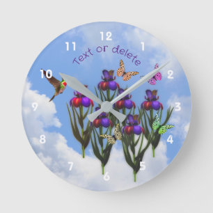 Horloge Ronde Papillons à colibris Iris Fleurs Personnalisées