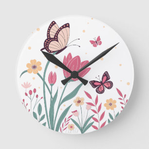 Horloge Ronde Papillons aux tulipes roses et marguerites jaunes