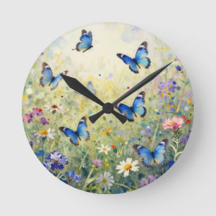 Horloge Ronde Papillons Bleus Aquarelle Prairie de Fleurs Sauvag