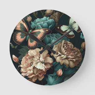 Horloge Ronde Papillons et fleurs design classique foncé