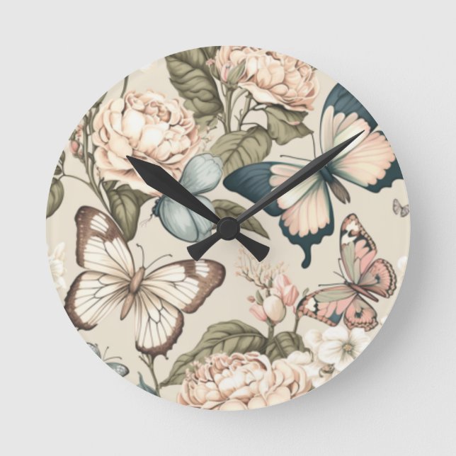 Horloge Ronde Papillons et fleurs pastel (Recto)