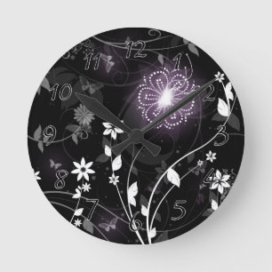 Horloge Ronde Papillons et fleurs violets illuminés design