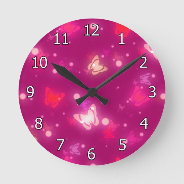Horloge Ronde Papillons Lumineux Magenta Rose Design (Recto)