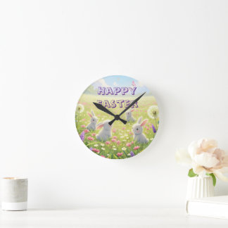 Horloge Ronde Pâques Lavande Mignon Lapin Blanc Floral Printemps