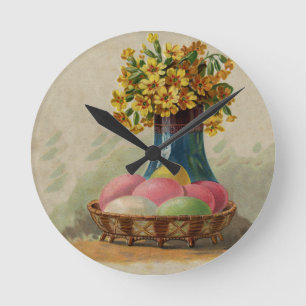 Horloge Ronde Pâques Panier Œufs Fleurs Antique