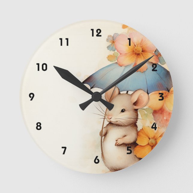 Horloge Ronde Parapluie bleu souris orange et fleurs bleues (Recto)
