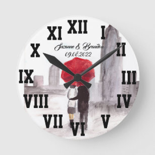 Horloge Ronde Parapluie rouge Amour Couple chiffres romains Mari