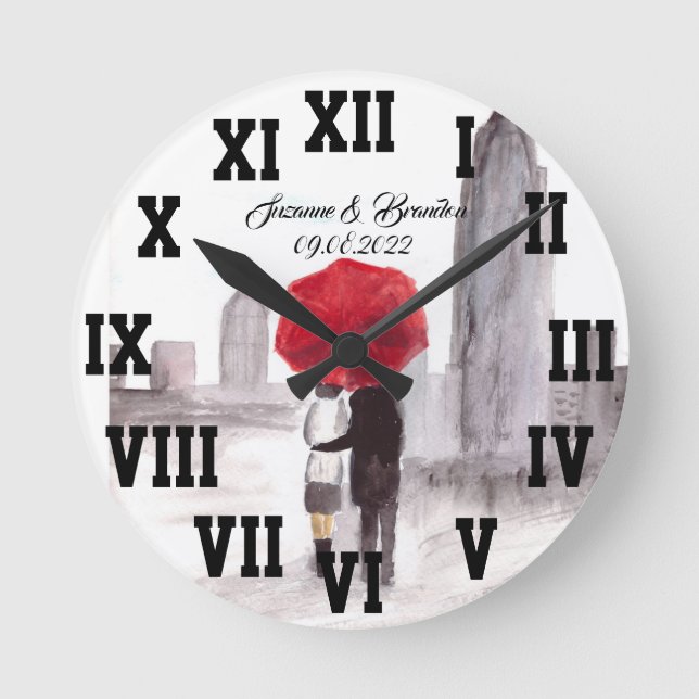 Horloge Ronde Parapluie rouge Amour Couple chiffres romains Mari (Recto)