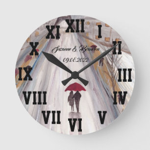 Horloge Ronde Parapluie rouge Amour Couple chiffres romains Mari