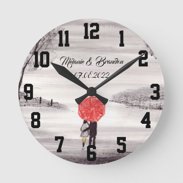 Horloge Ronde Parapluie rouge Amour couple rustique romantique M (Recto)