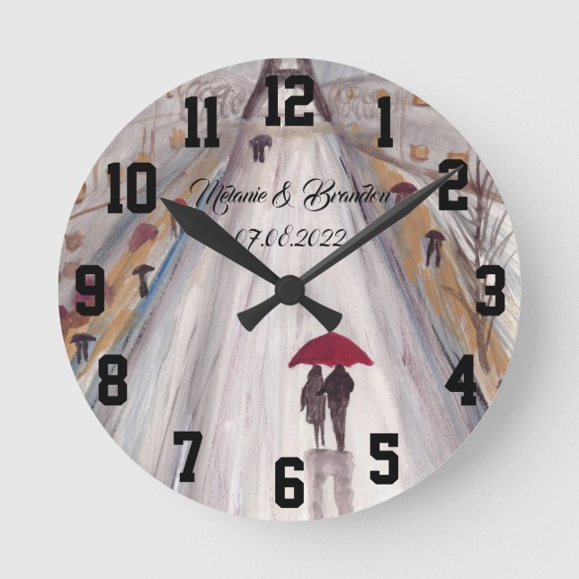 Horloge Ronde Parapluie rouge Amour couple rustique romantique M (Recto)