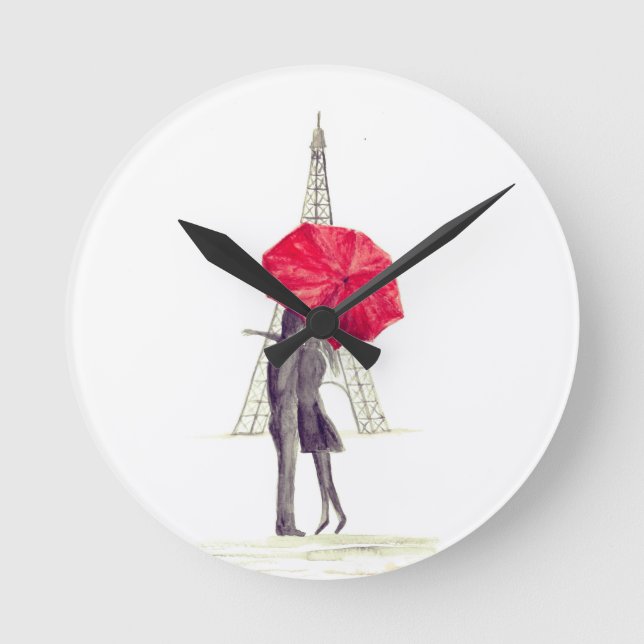 Horloge Ronde Paris amour couple rouge parapluie Mariage anniver (Recto)