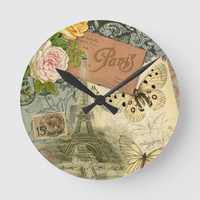 Horloge Ronde Paris France Art Antique Collage Eiffel Français (Recto)