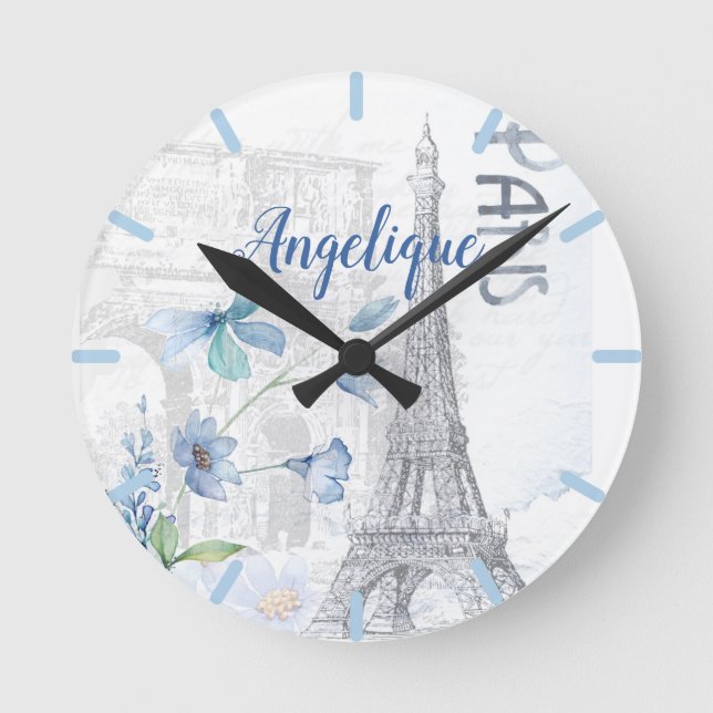 Horloge Ronde Paris Scène et Fleurs Bleues Personnalisées (Recto)