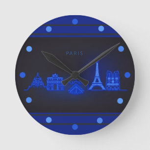 Horloge Ronde Paris Skline Neon Bleu Look Cityscape Wall