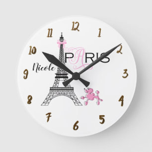 Horloge Ronde Paris Tour Eiffel Caniche rose chic personnalisé