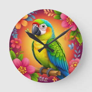Horloge Ronde Parrot Vibrant Perché Sur Une Branche