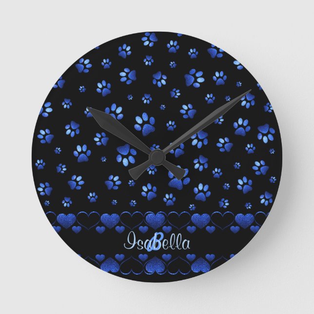 Horloge Ronde Parties scintillant bleue chien patte motif, Monog (Recto)