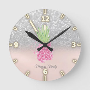 Horloge Ronde Parties scintillant d'ananas rose Parties scintill