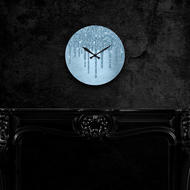Horloge Ronde Parties scintillant de glace à goutte | Blue Faux  (Créateur téléchargé)