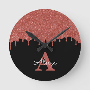 Horloge Ronde Parties scintillant de Monogramme rose et noir cha